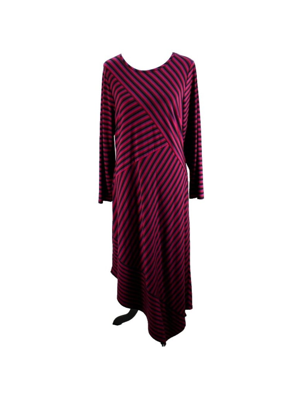 Chicos Knit Dress Size 2 L Pink Purple Black Stripe Long Sleeve Asymmetrical Hem